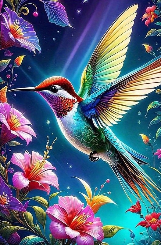 Deimantinė mozaika „Spalvotasis kolibris tarp gėlių“