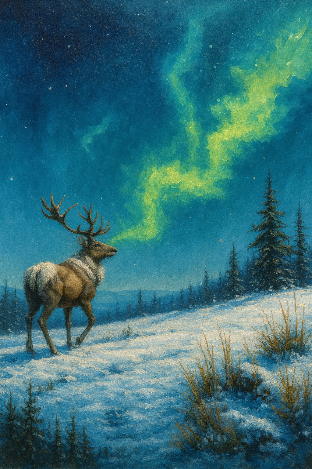 Tapyba pagal skaičius „Šiaurės elnias po pašvaistės dangumi“