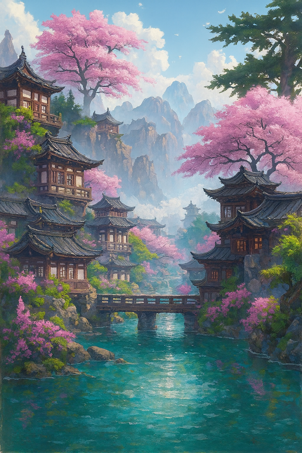 Tapyba pagal skaičius „Japoniškas sodas su vyšniomis“