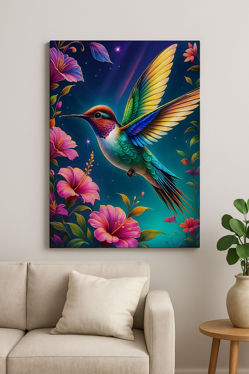 Deimantinė mozaika „Spalvotasis kolibris tarp gėlių“