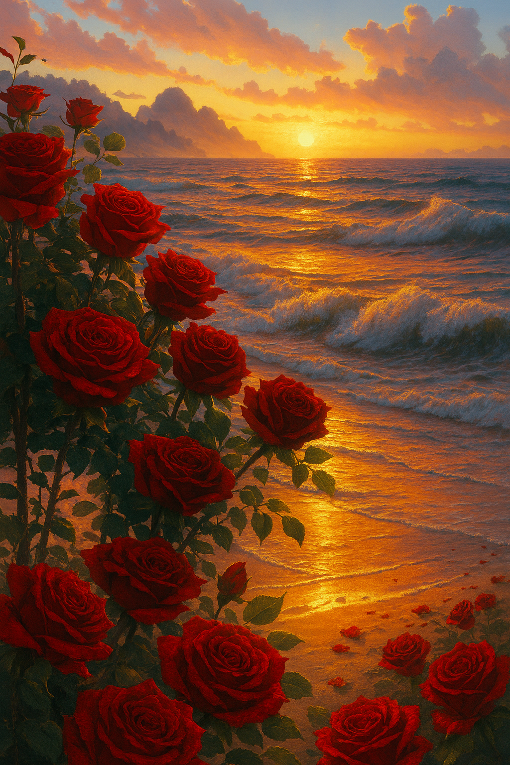 Tapyba pagal skaičius "Rožės prie jūros saulėlydžio" 