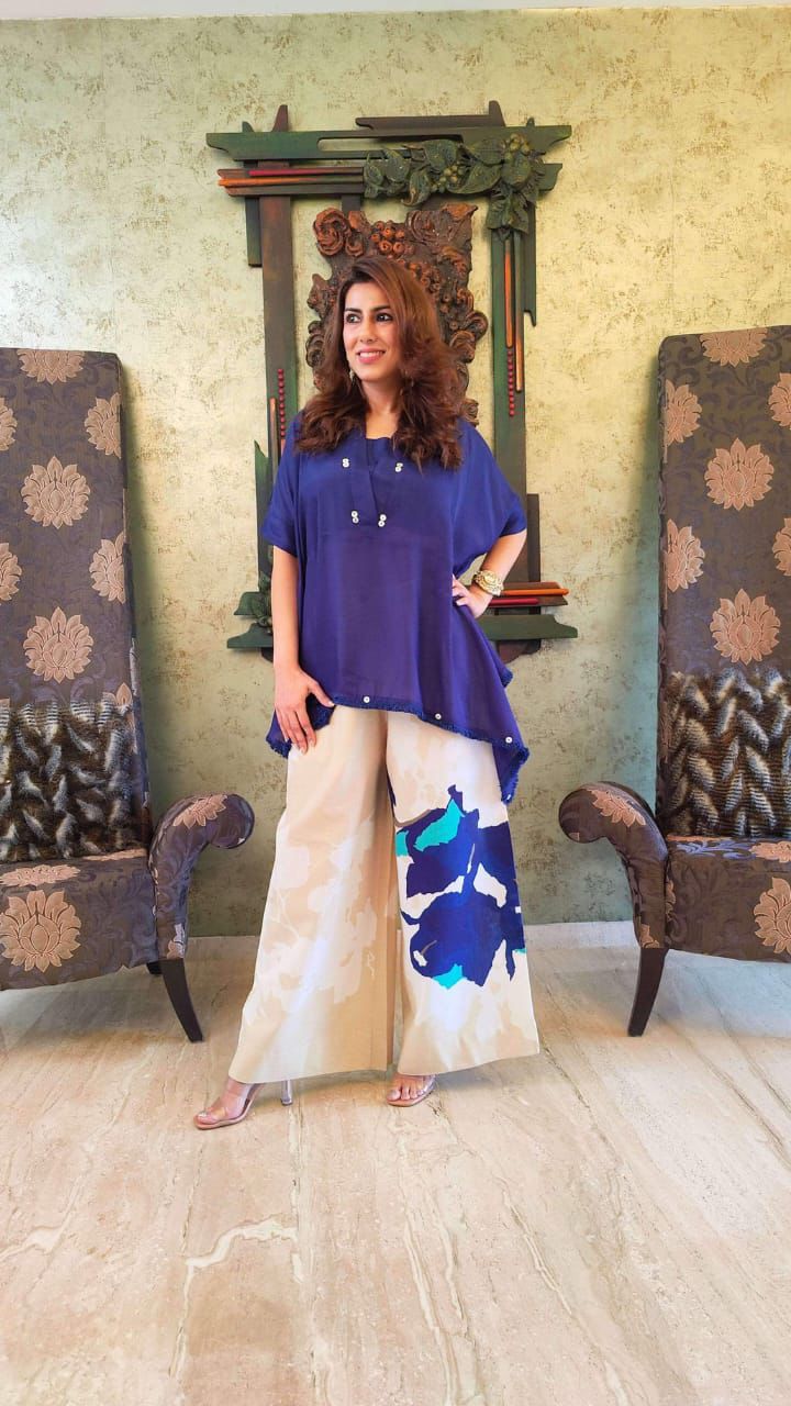 Asymmetric Blue Top With Printed Palazzo Pants