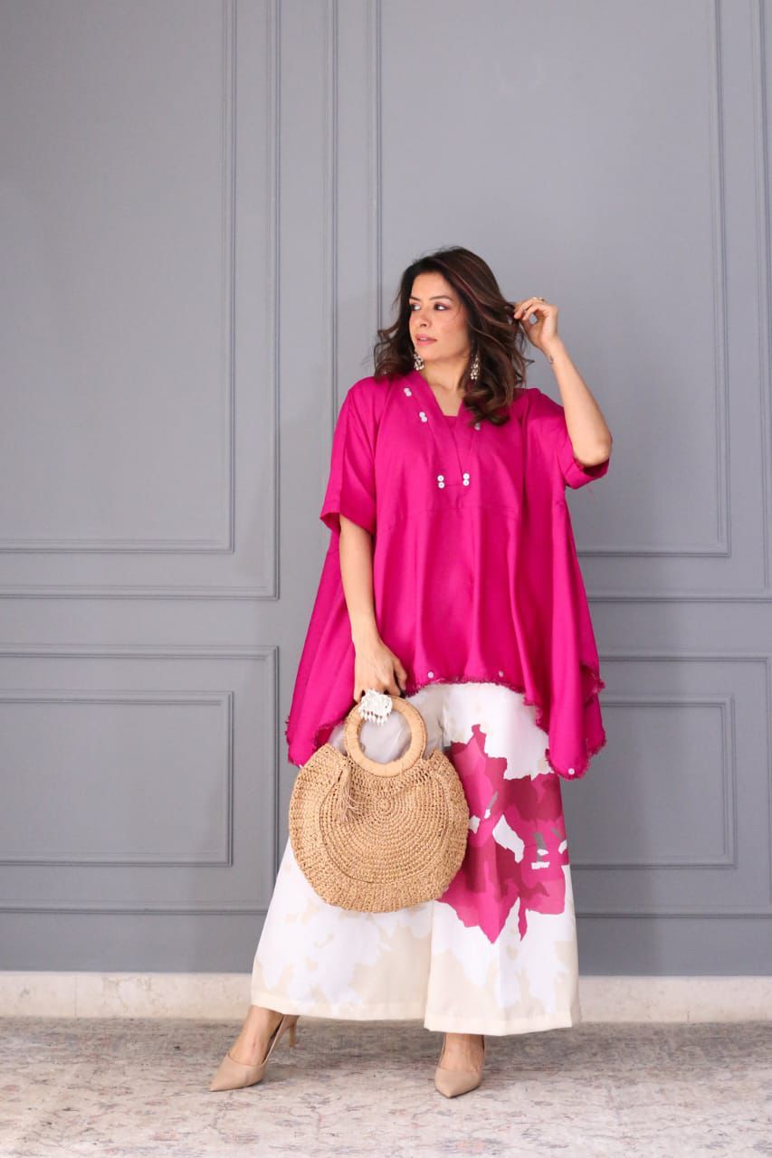 Fuchsia Oversized Top and Floral Wide-Leg Pants Set