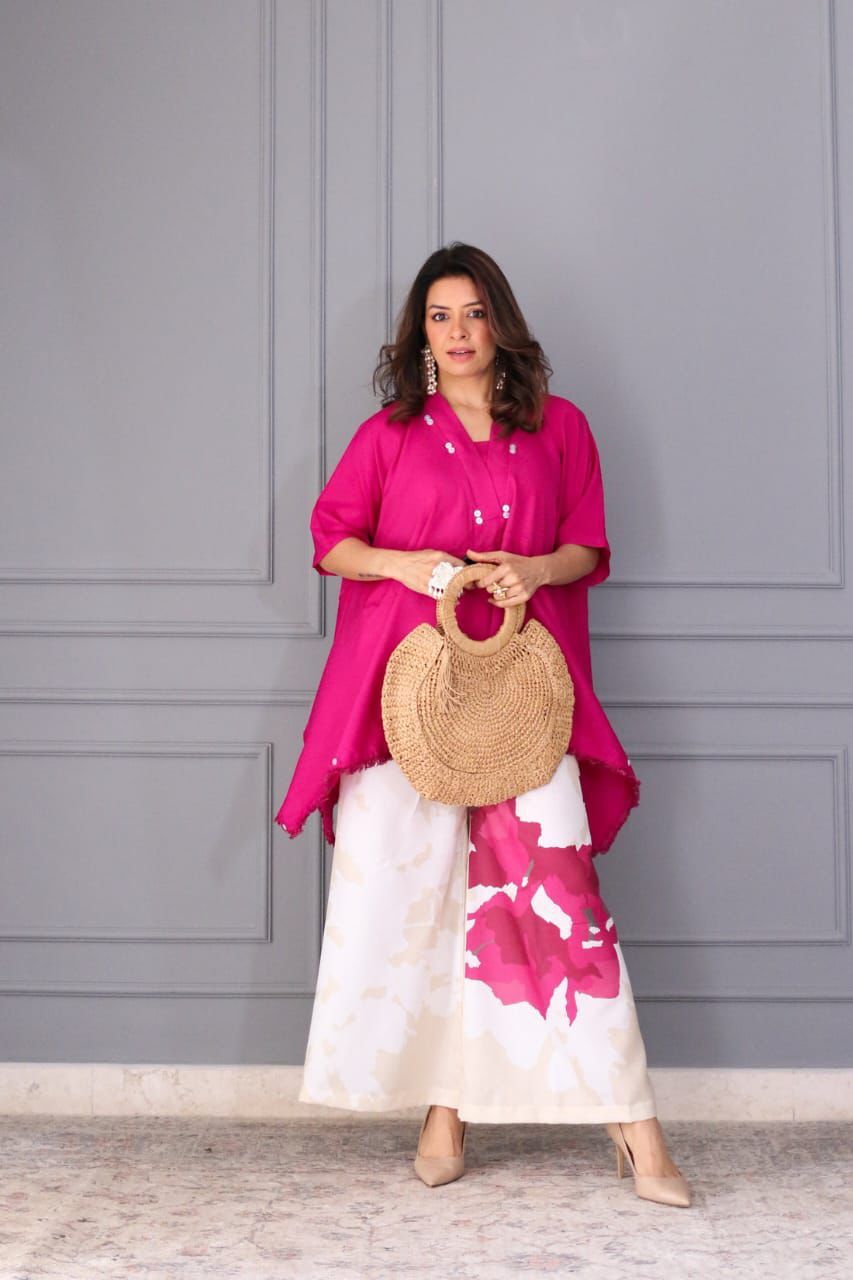 Vibrant Pink Tunic and Floral Wide-Leg Pants Set