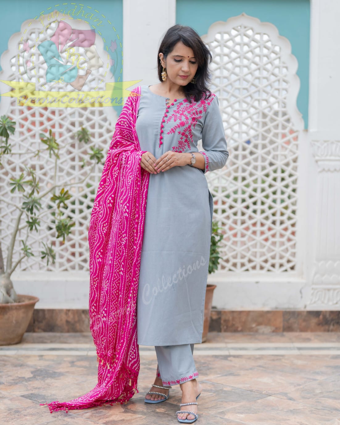 Elegant Grey and Pink Embroidered Suit