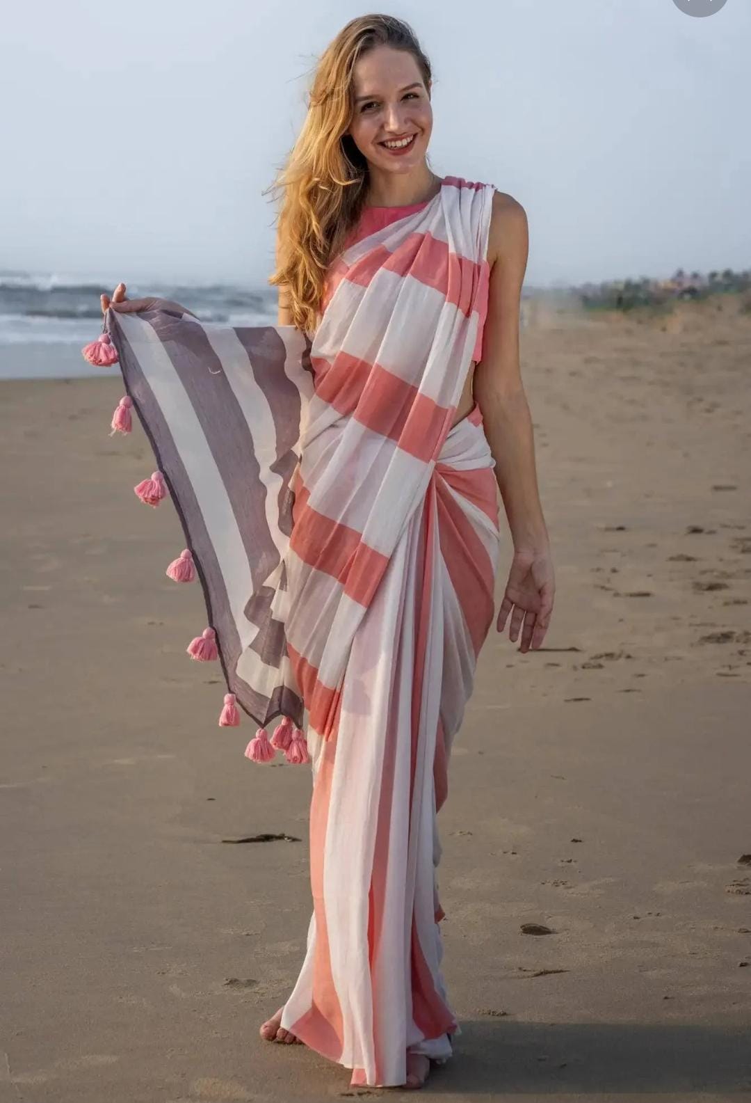 Striped orange Cotton Saree