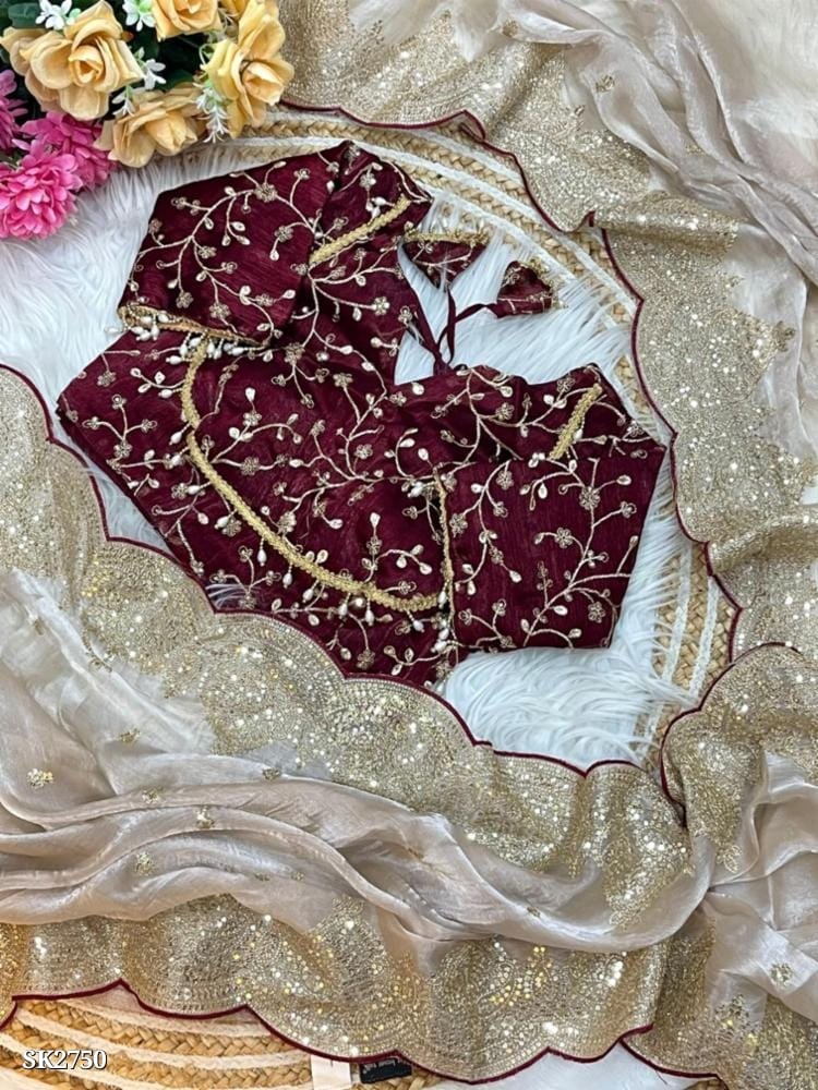 Embroidered Maroon and Beige Clutch