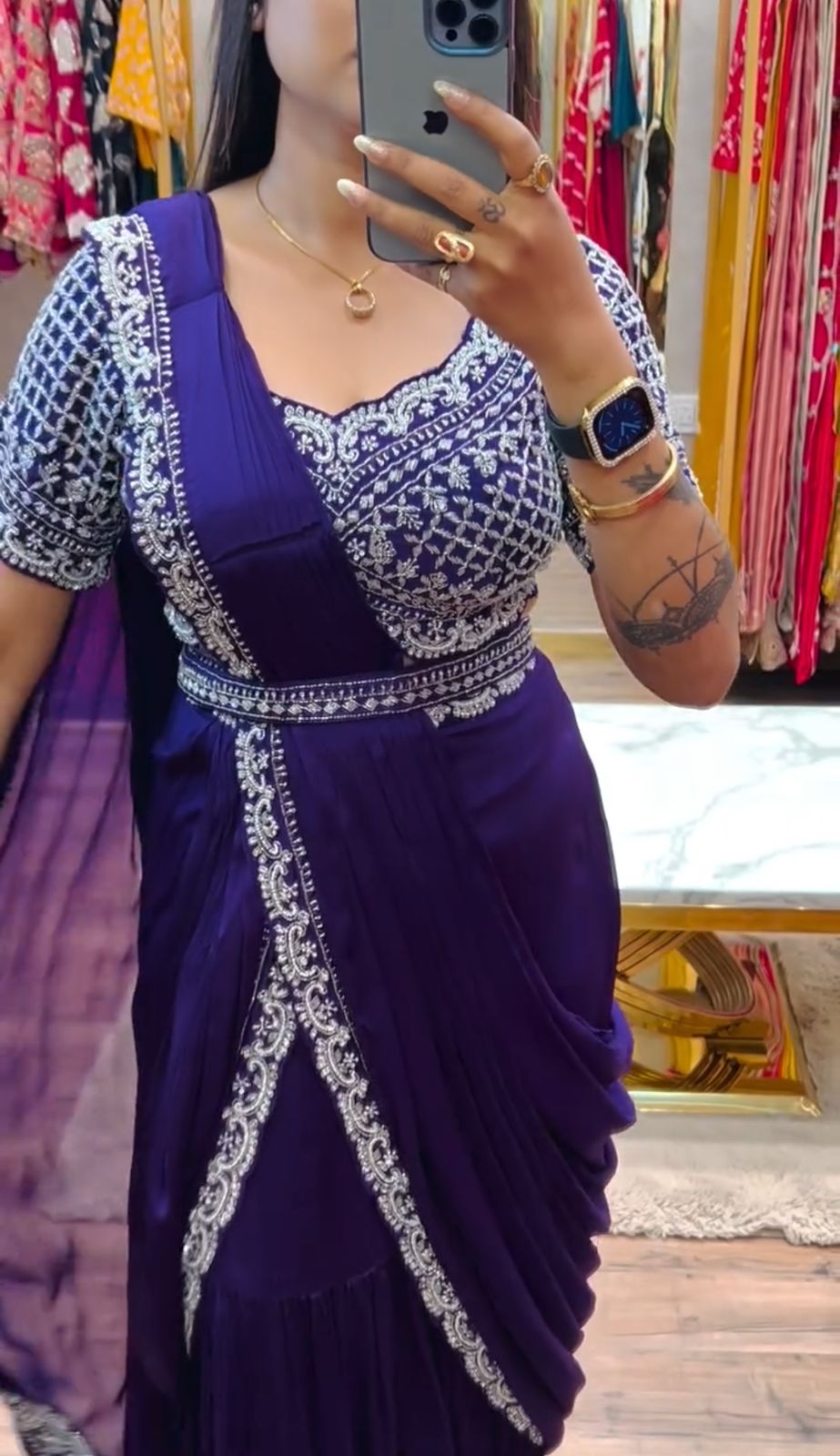 Purple Embroidered Saree Set