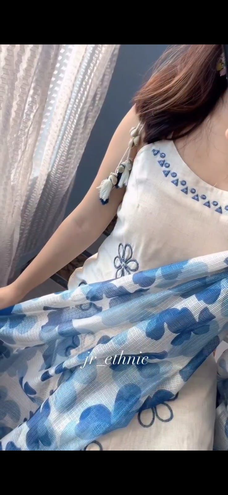 Elegant Cream and Blue Floral Suit