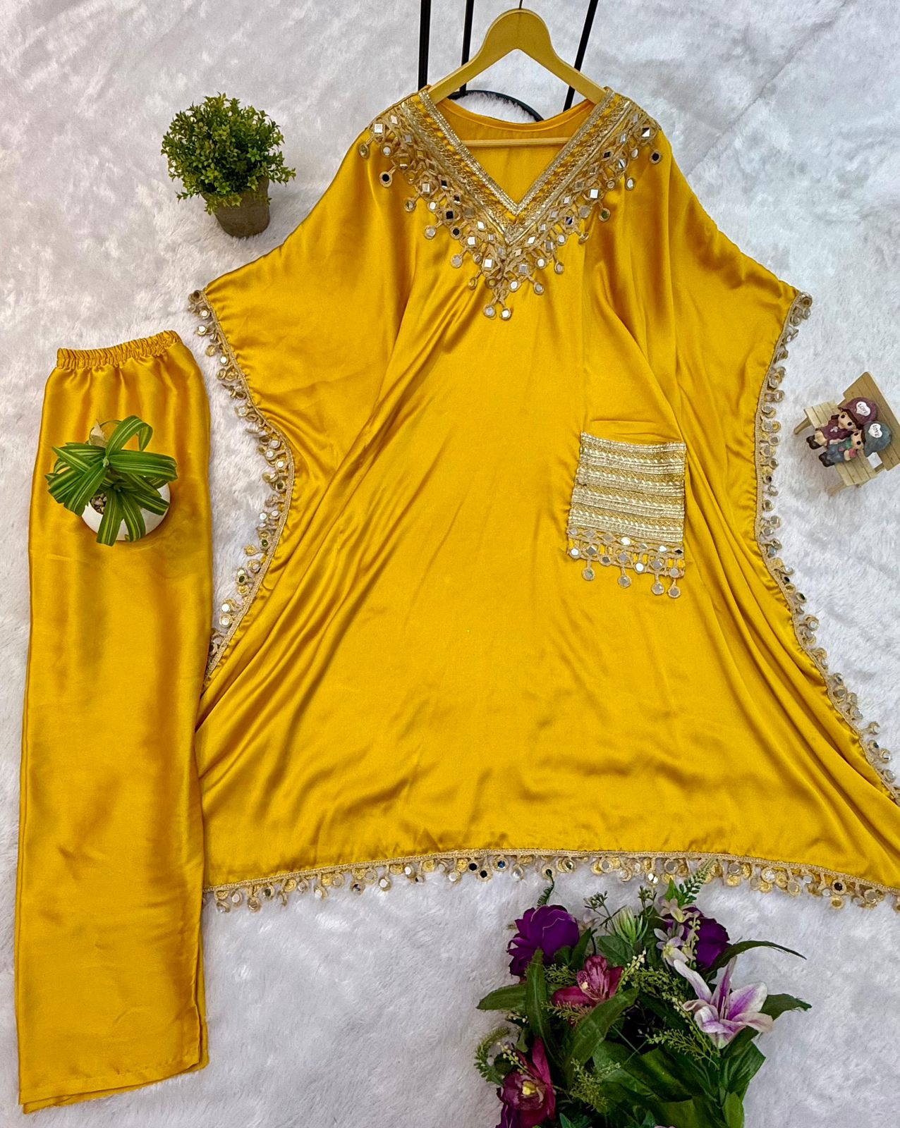 Embroidered Mustard Kaftan Set