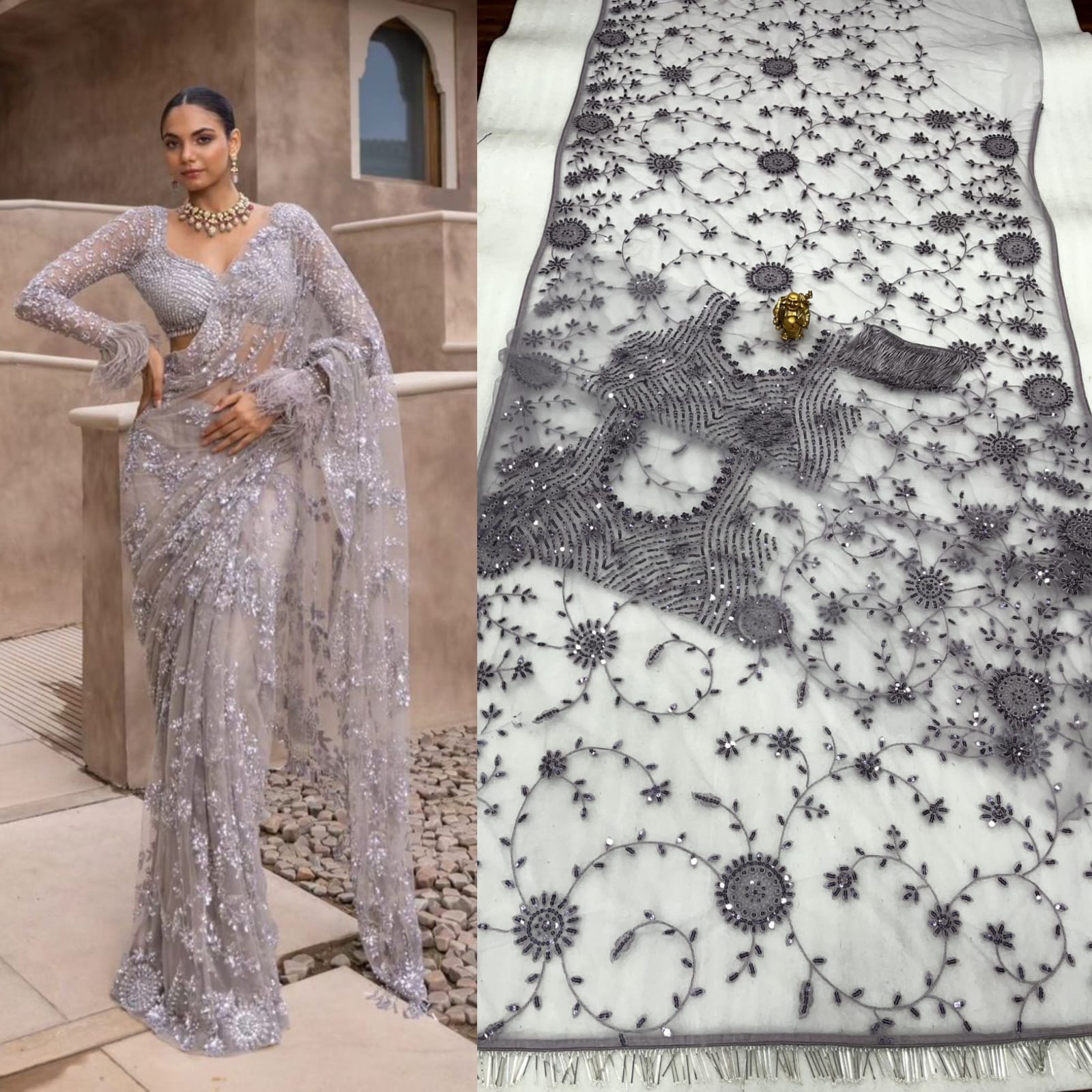 Embroidered Silver Saree