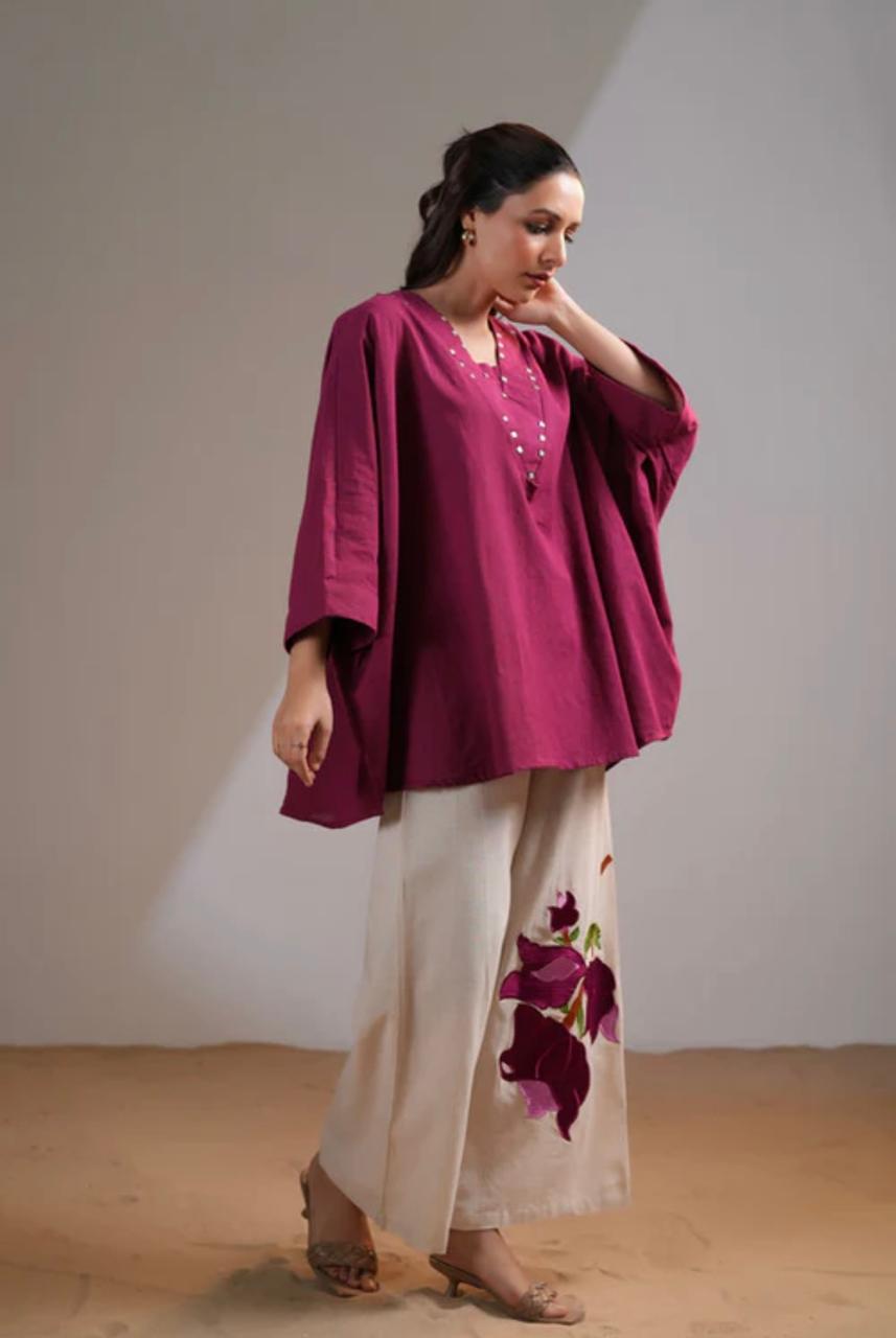 Embroidered Maroon Tunic and Printed Cream Pants Set