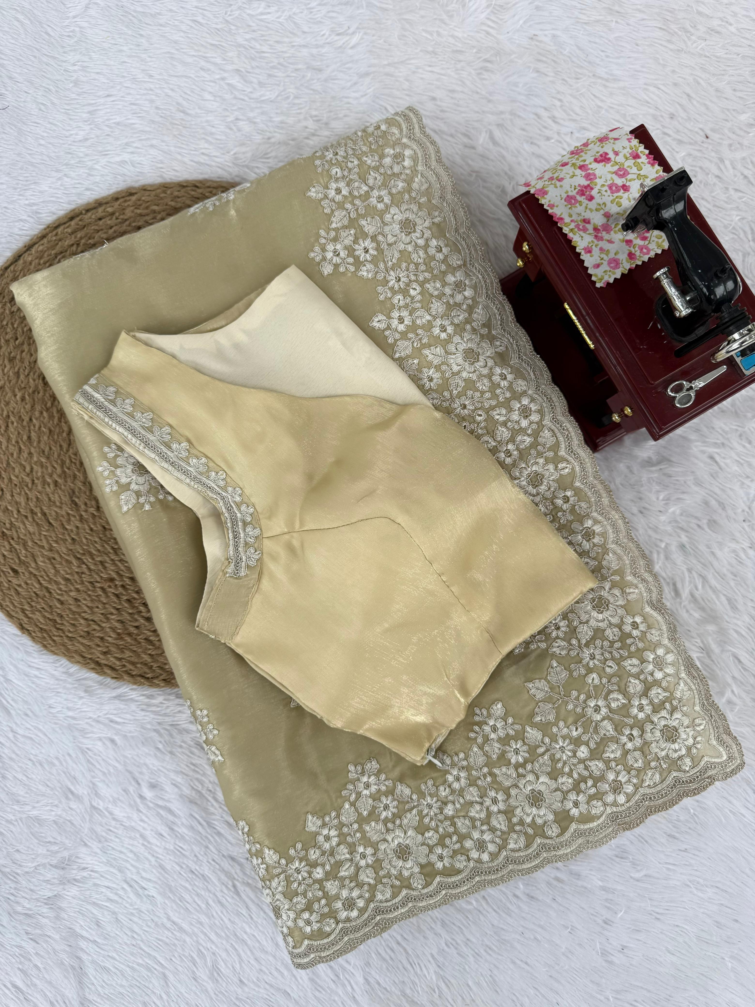 Embroidered Beige Saree with Blouse