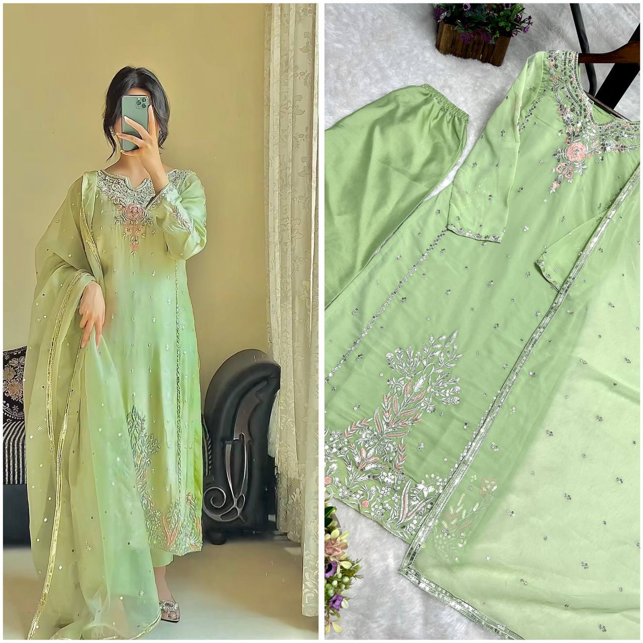 Light Green Embroidered Pakistani Dress