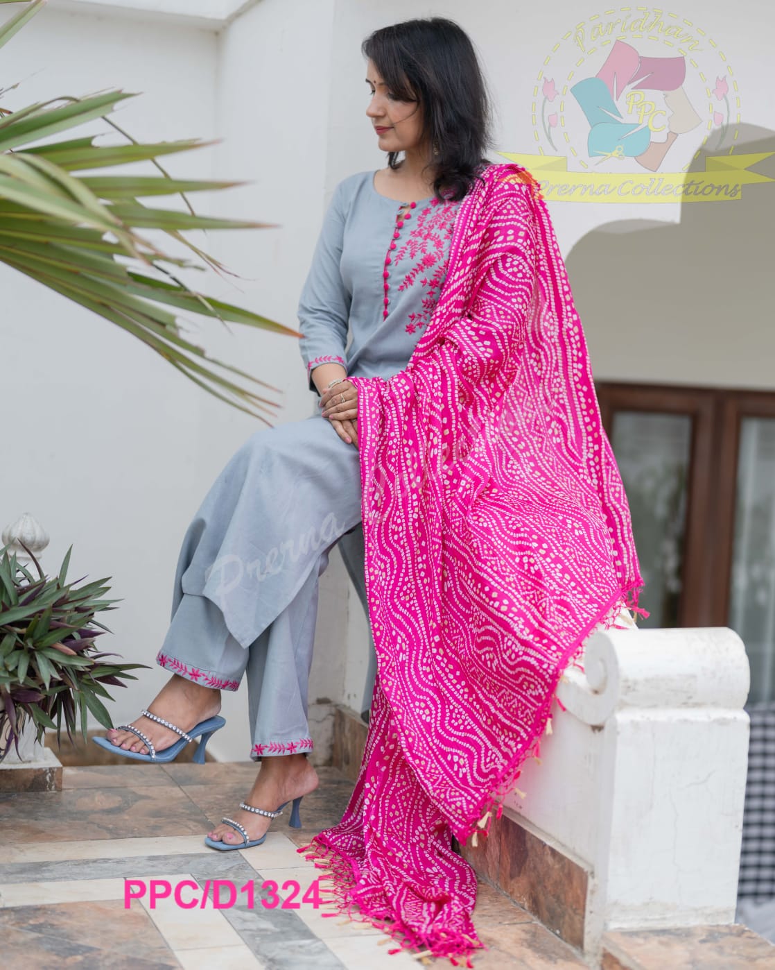 Elegant Grey and Pink Embroidered Suit