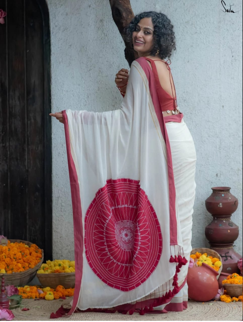 Handcrafted Red and White Saree