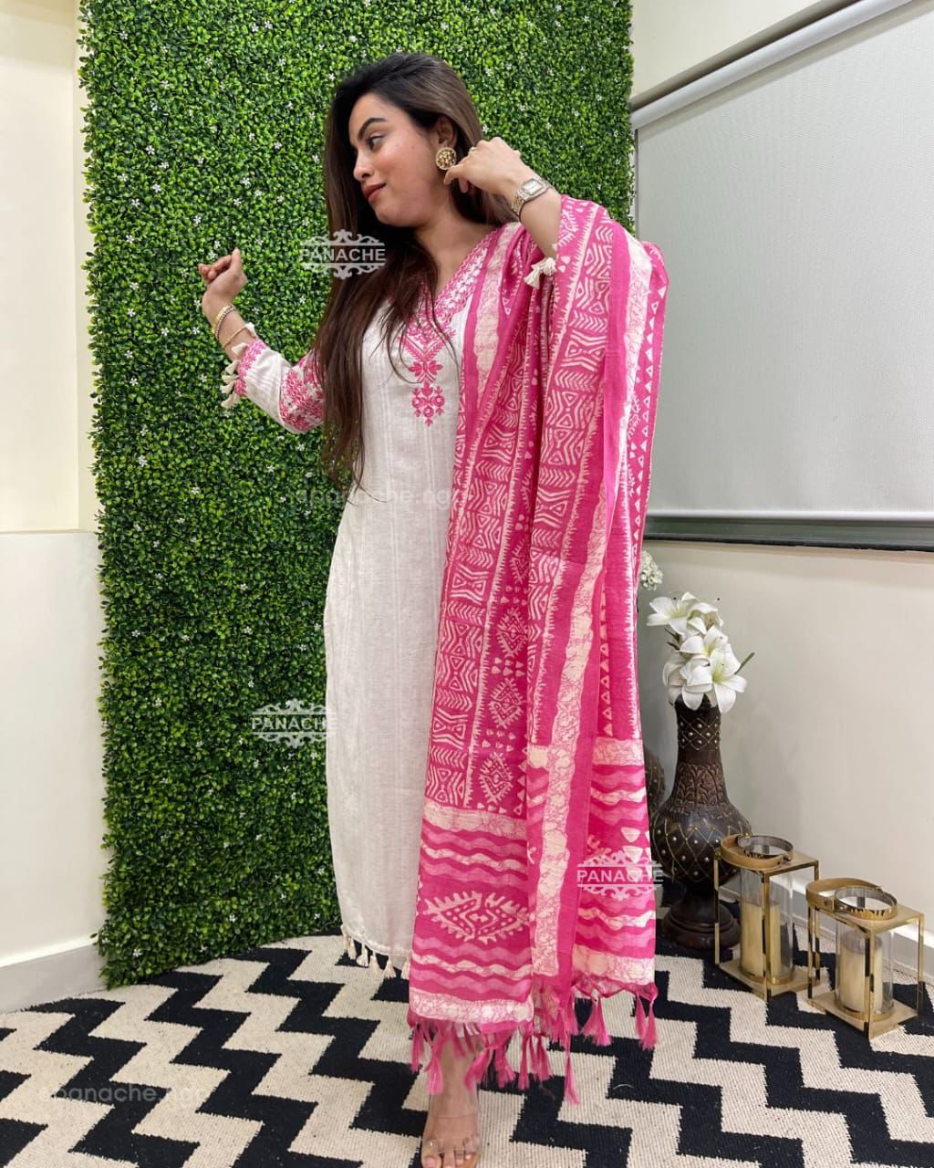 Elegant White and Pink Embroidered Kurta Set