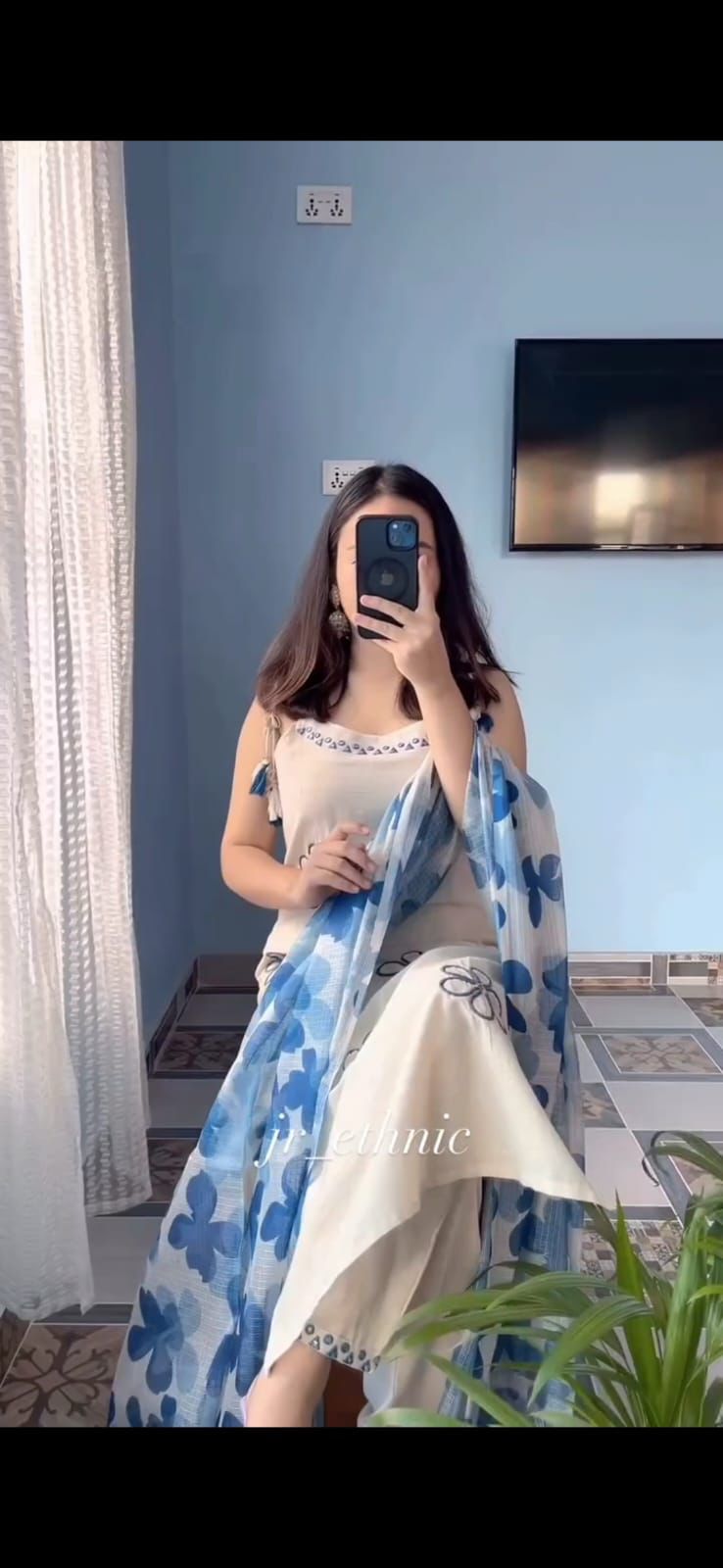 Elegant Cream and Blue Floral Suit