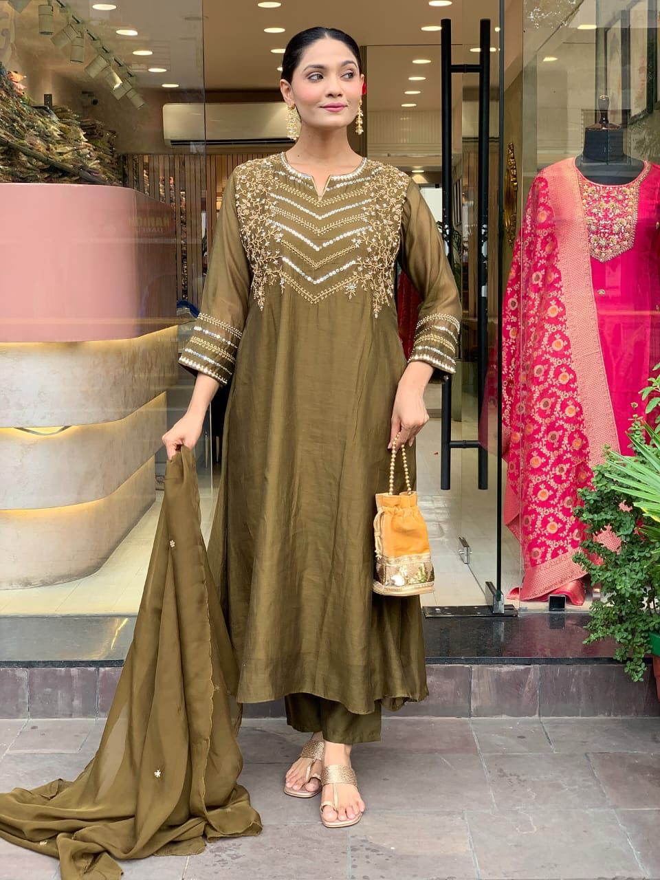 Embroidered Olive Green Maxi Dress