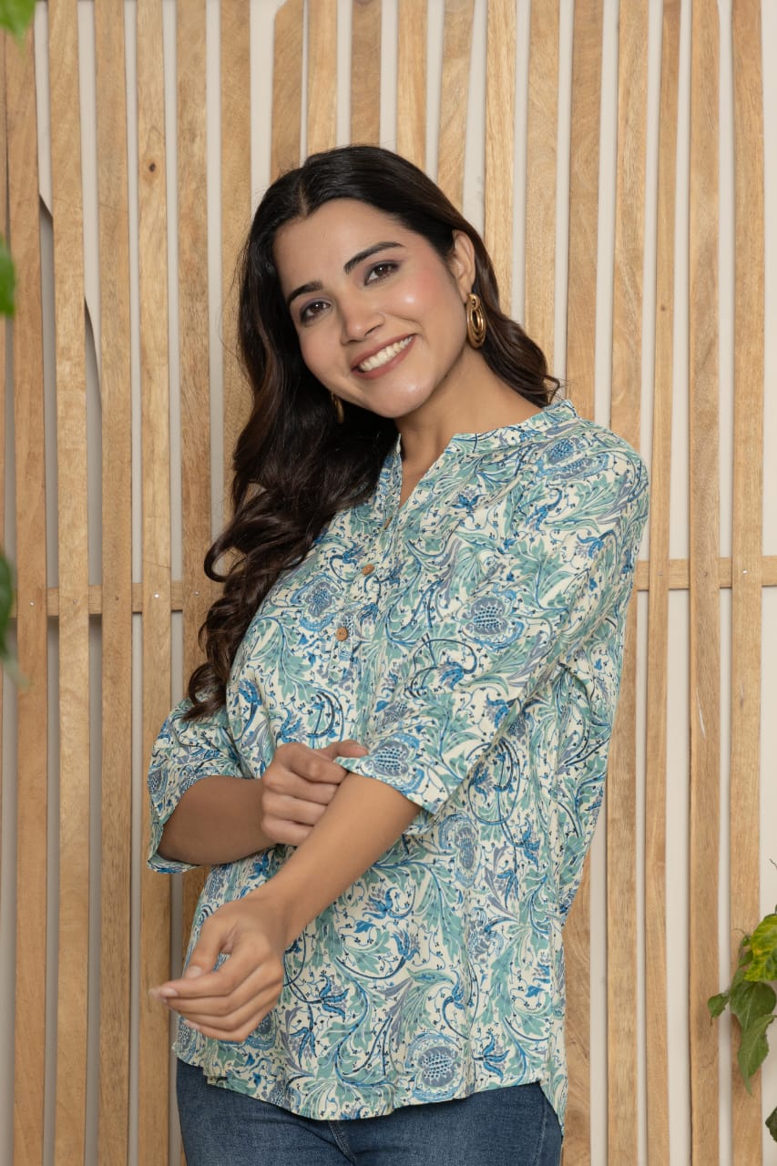 Blue Floral Printed Casual Top
