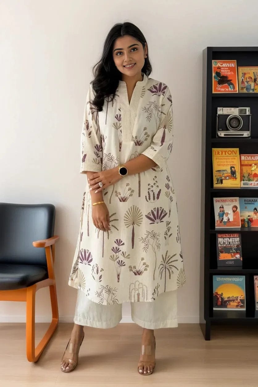 Printed Cream Kurta Set