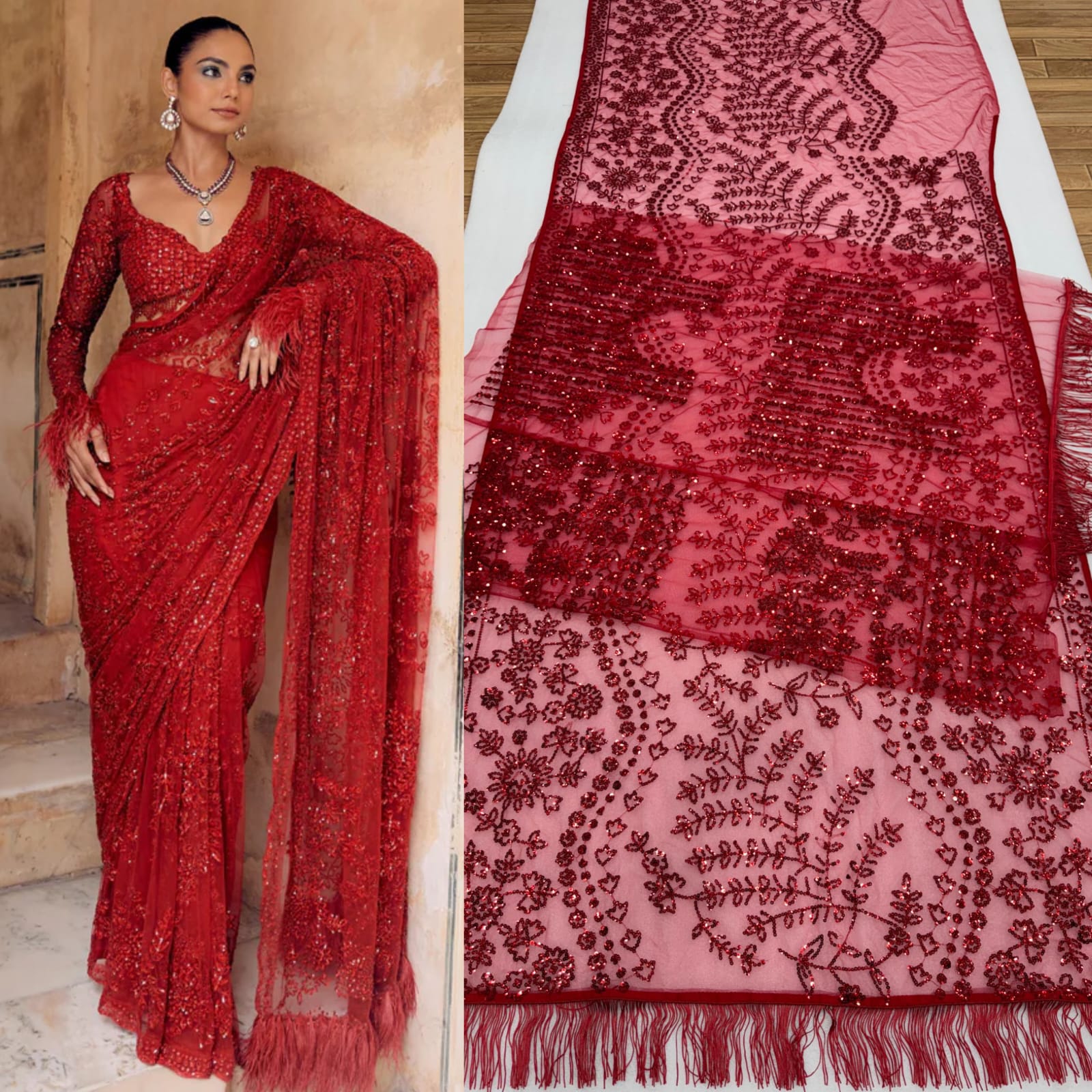Red Embroidered Net Saree