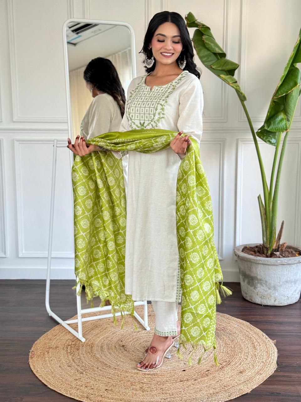 White embroidered kurta set with green dupatta