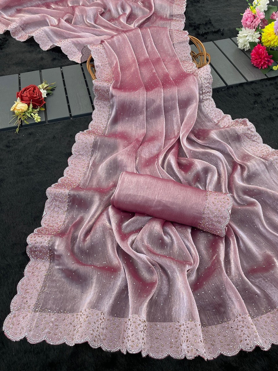 Elegant Pink Embroidered Saree