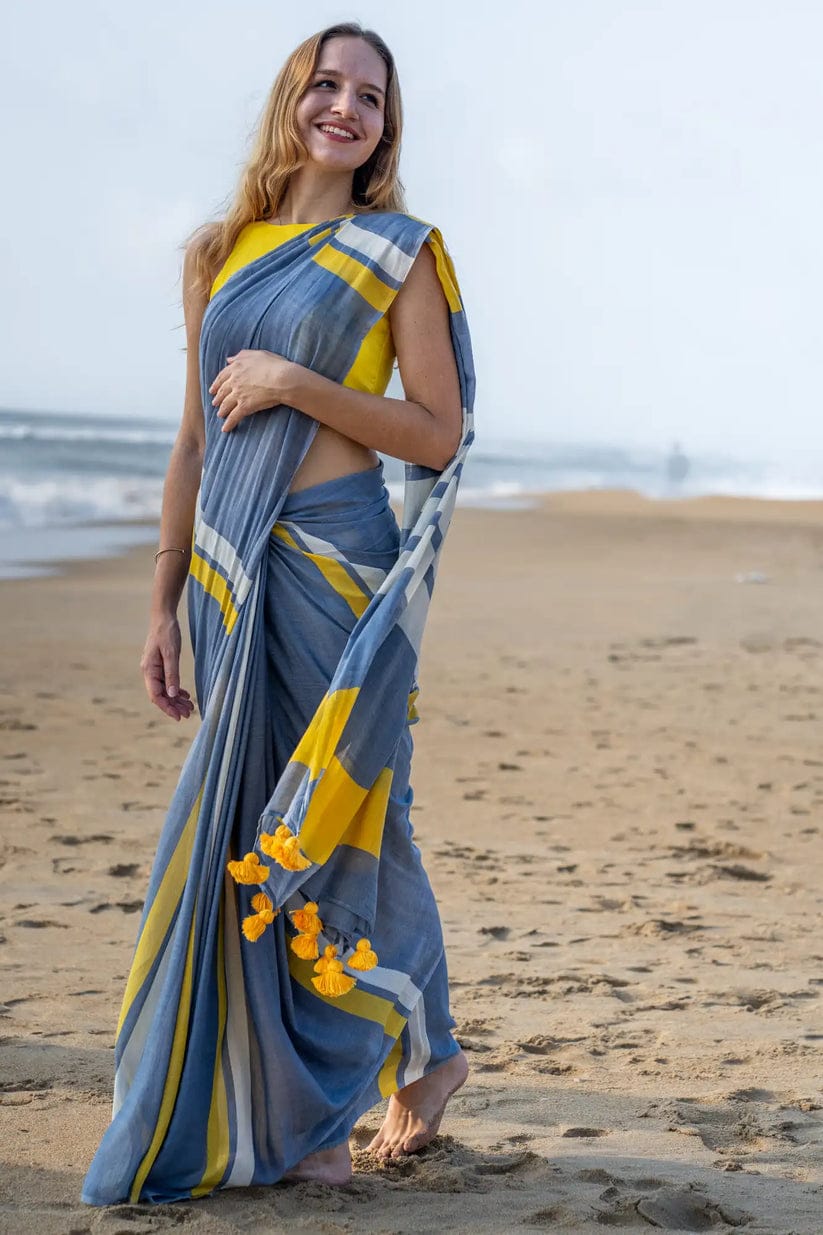 Blue and Yellow Cotton Saree