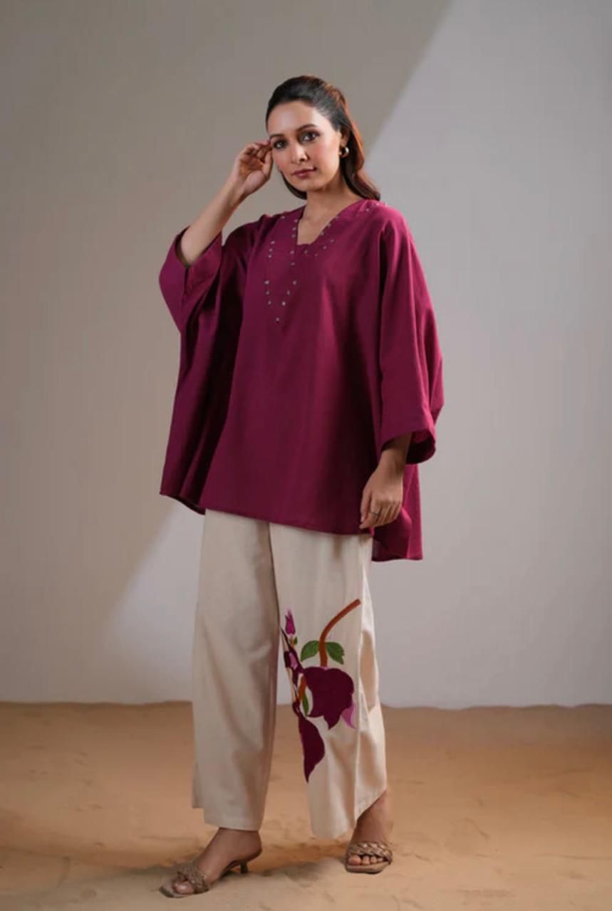 Embroidered Maroon Tunic and Printed Cream Pants Set