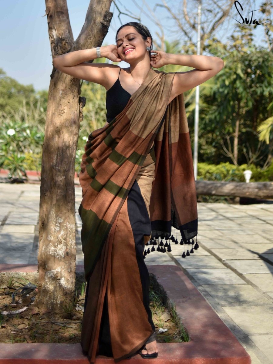 Handwoven Brown and Olive Green Saree
