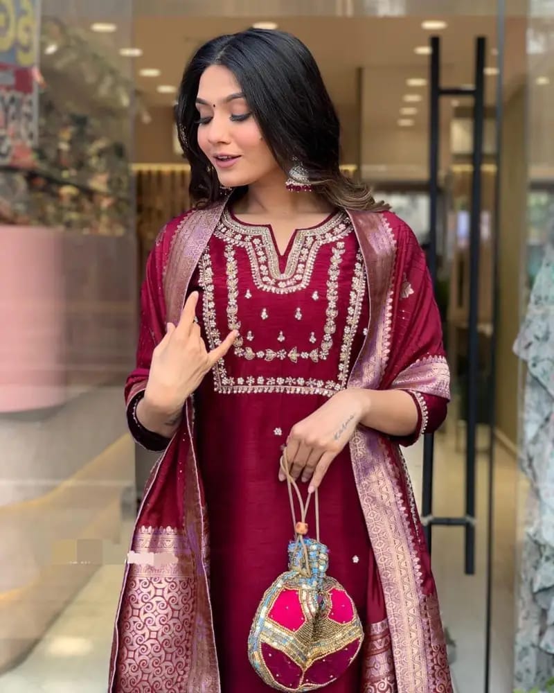 Embroidered Maroon Pakistani Suit