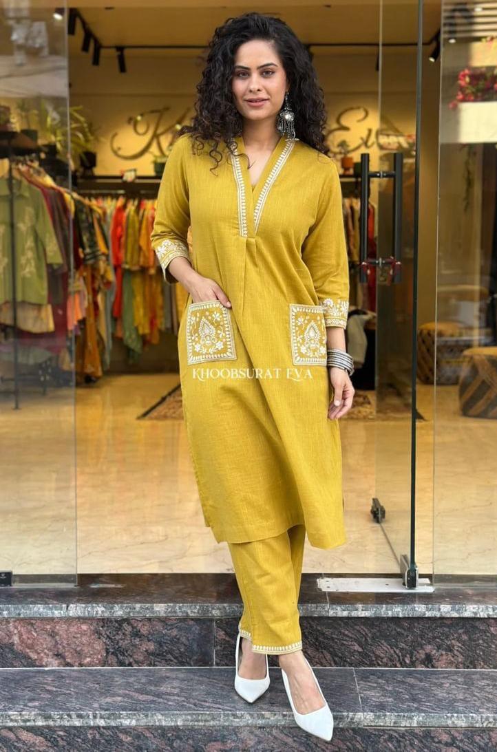 Mustard Yellow Embroidered Kurta Set