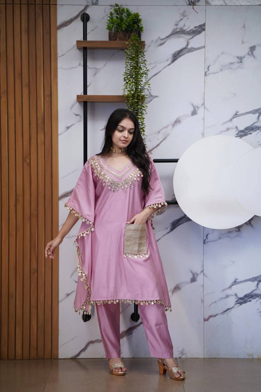Lavender Embroidered Kaftan Set