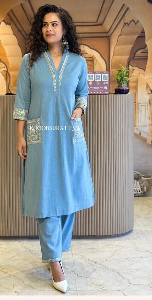  Blue Embroidered Kurta Set