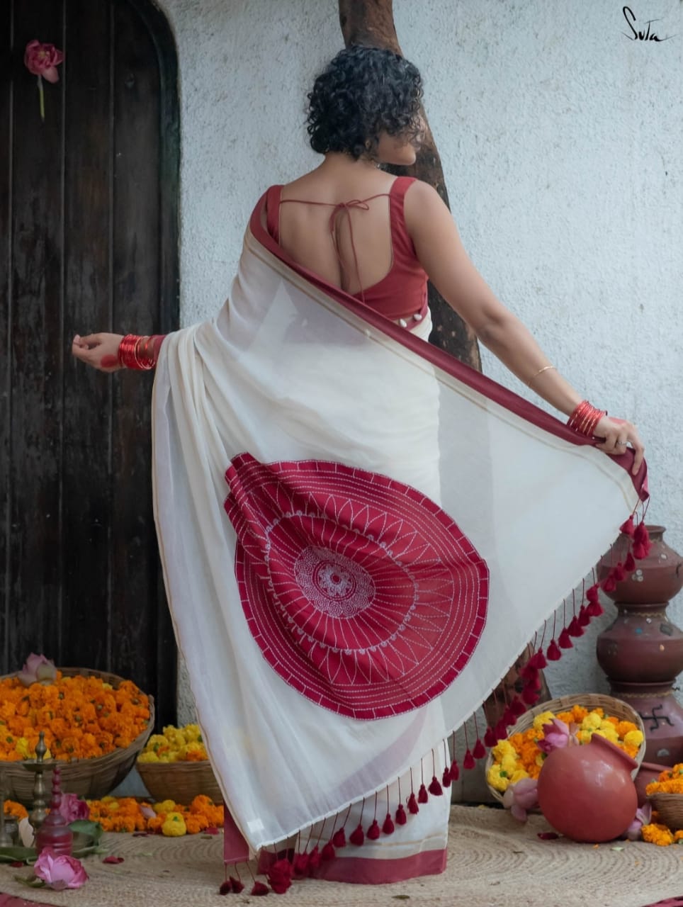 Handcrafted Red and White Saree