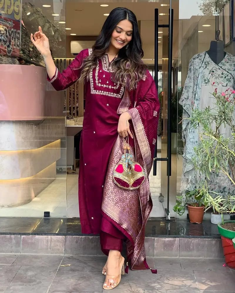 Embroidered Maroon Pakistani Suit