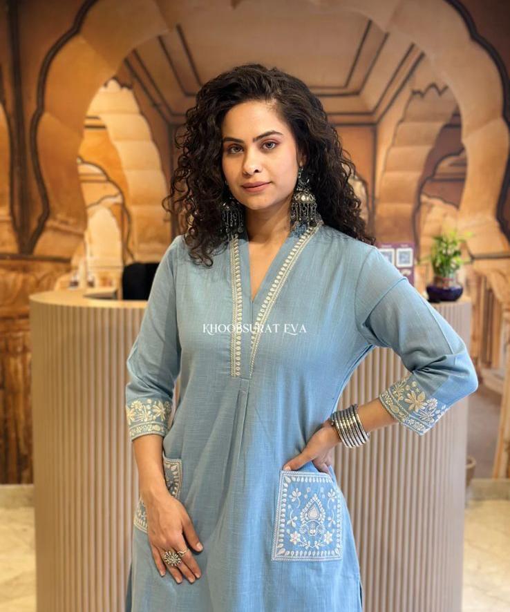 Blue Embroidered Kurta Set