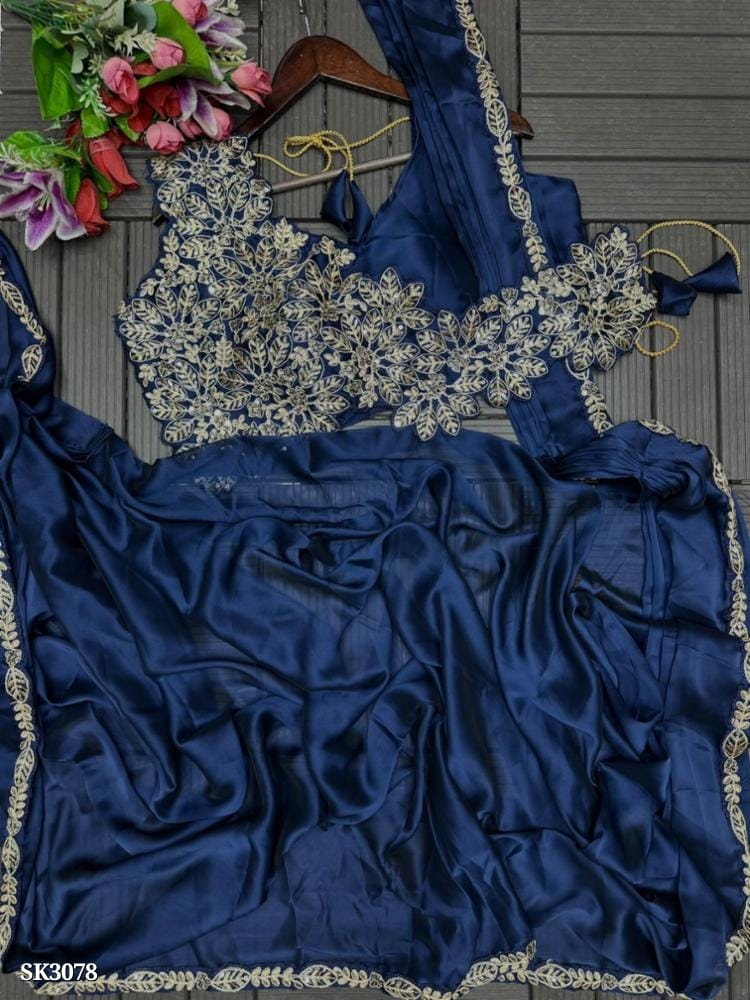 Navy Blue Embroidered Saree Gown