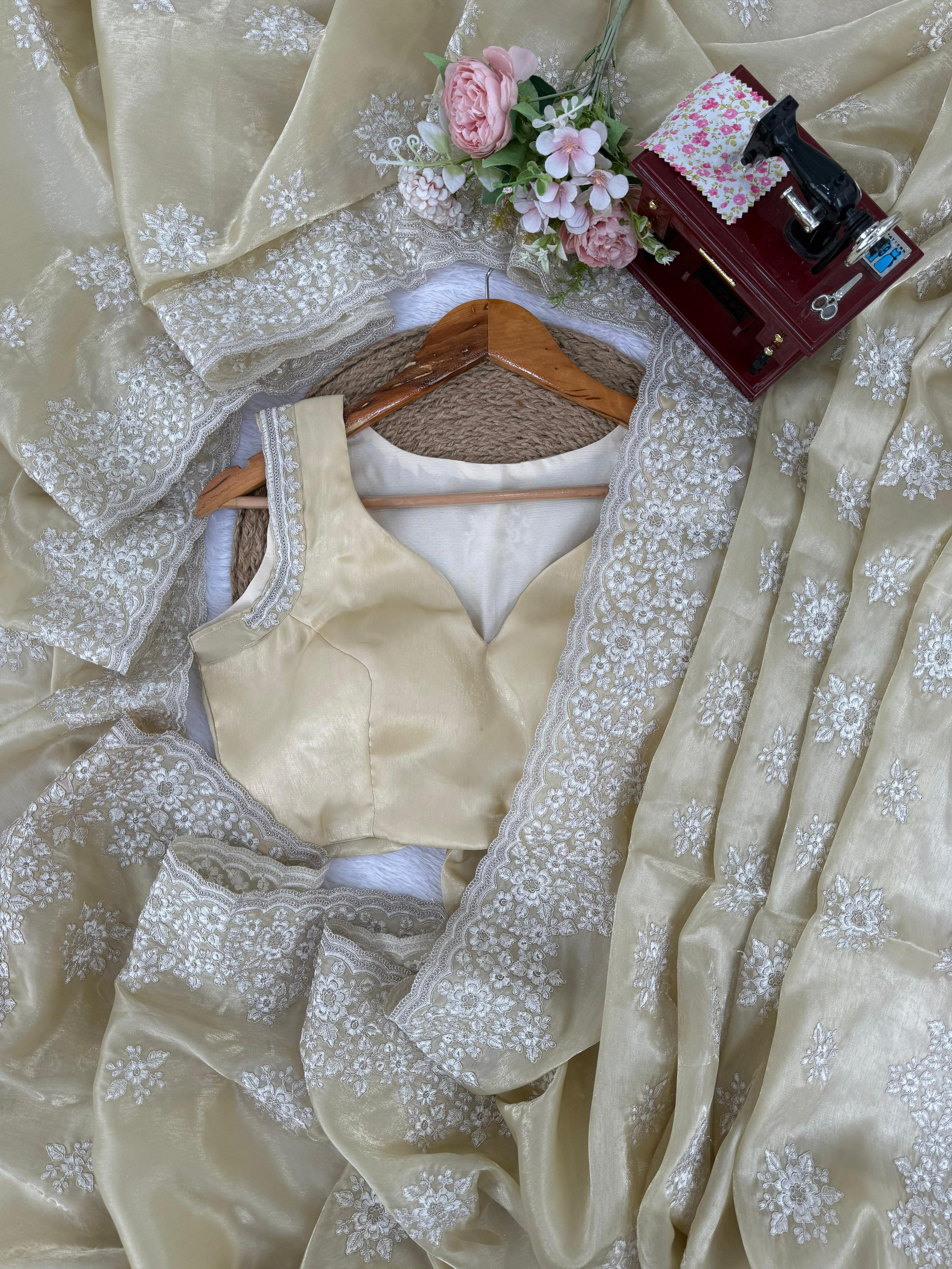 Embroidered Beige Saree with Blouse