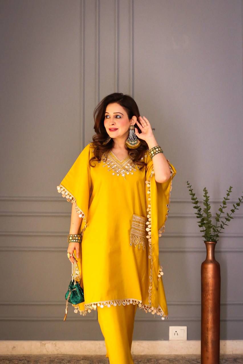 Embroidered Mustard Kaftan Set