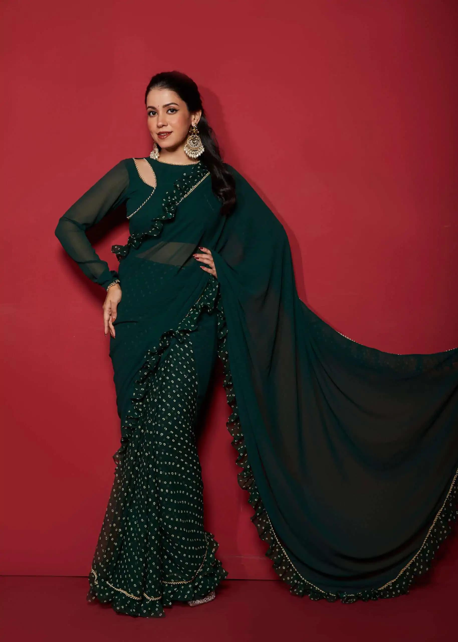 Dark Green Ruffled Georgette Saree