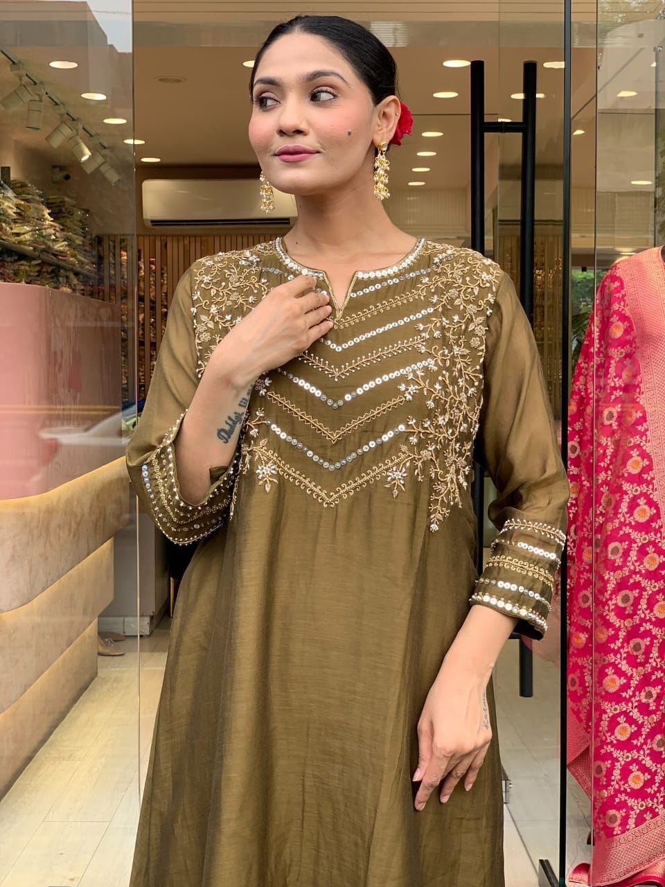 Embroidered Olive Green Maxi Dress