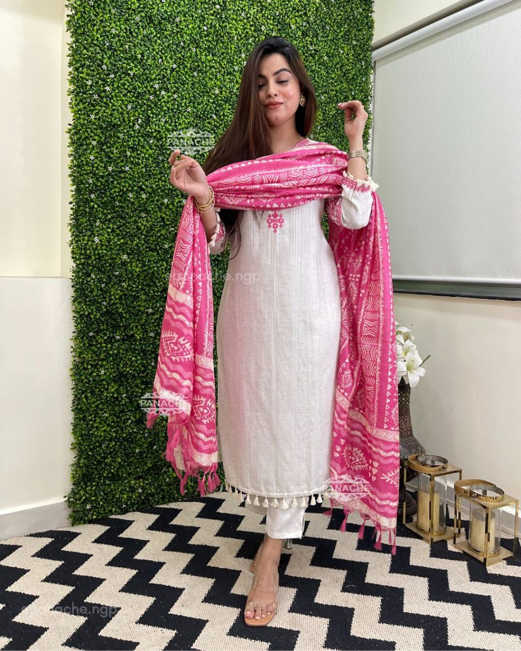 Elegant White and Pink Embroidered Kurta Set