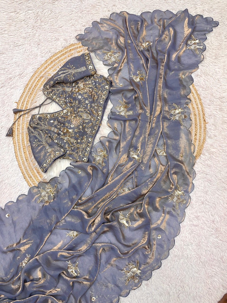 Embroidered Blue Saree with Blouse