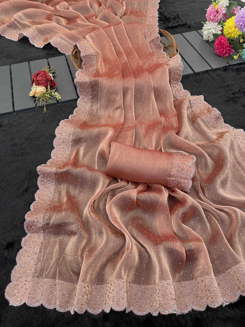 Elegant Peach Net Saree