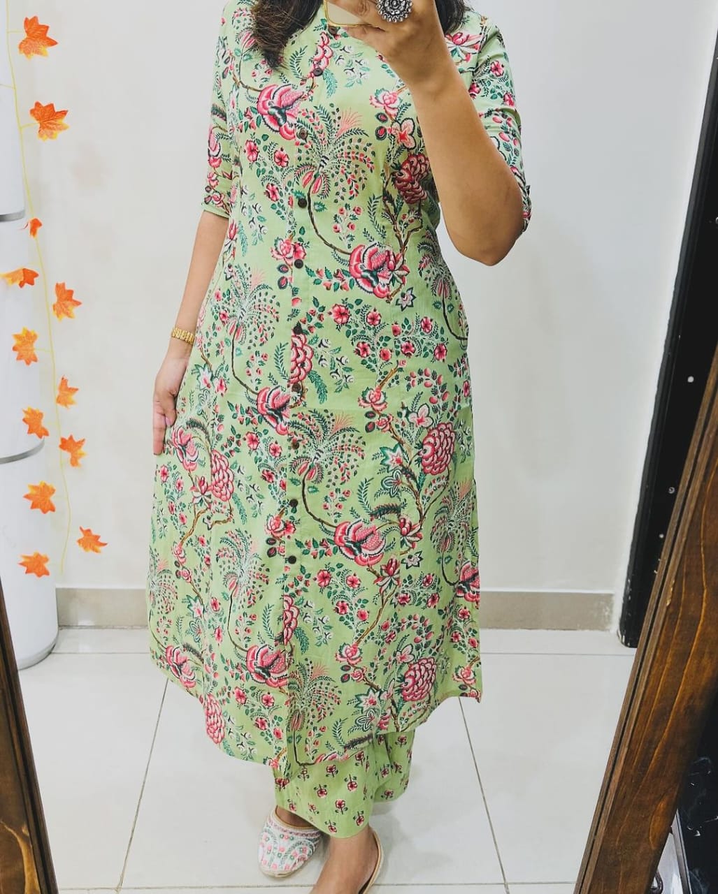 Floral Printed Green Kurti Set