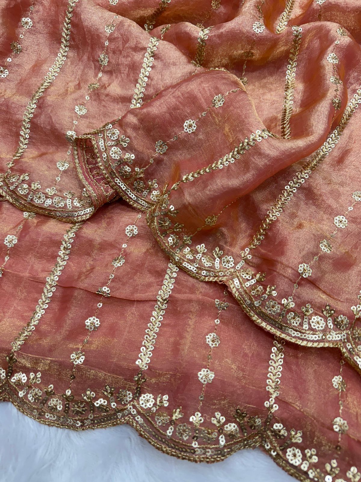 Embroidered Peach Silk Saree