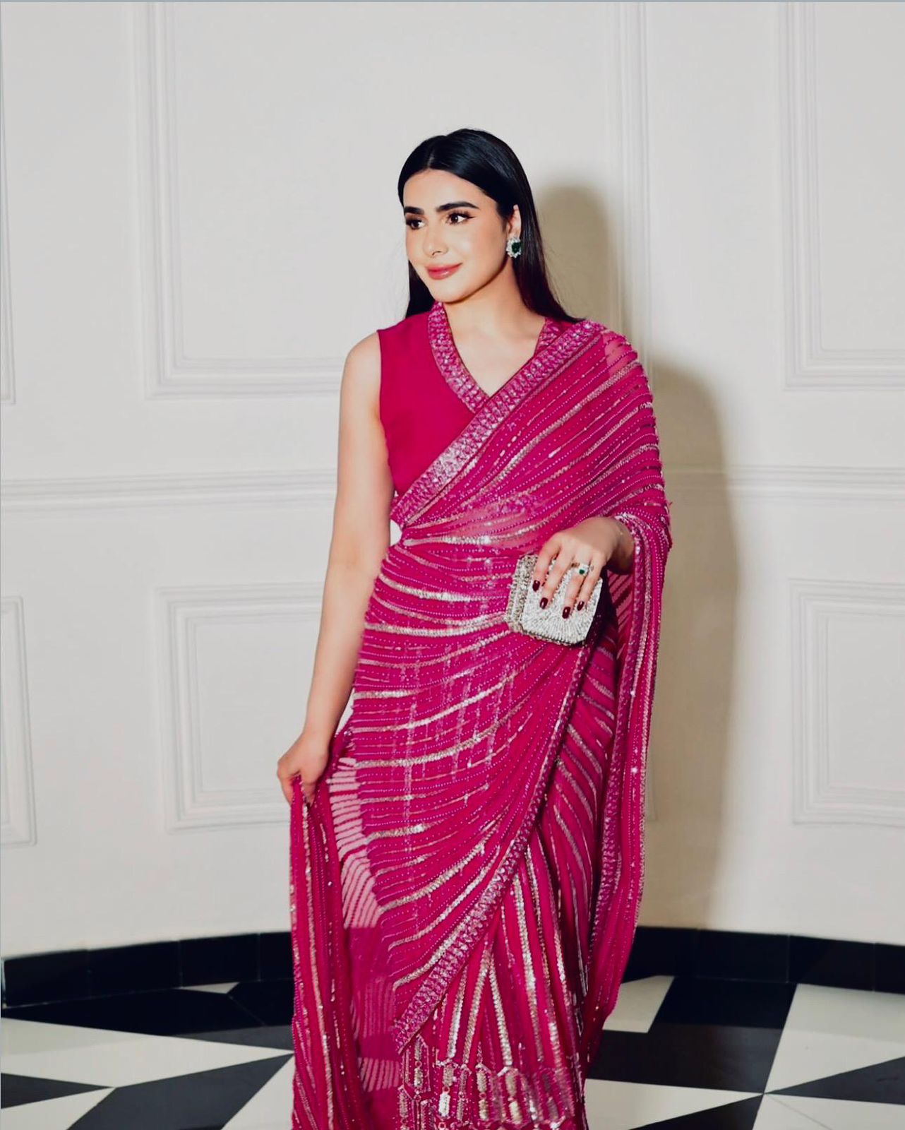Hot Pink Embellished Saree