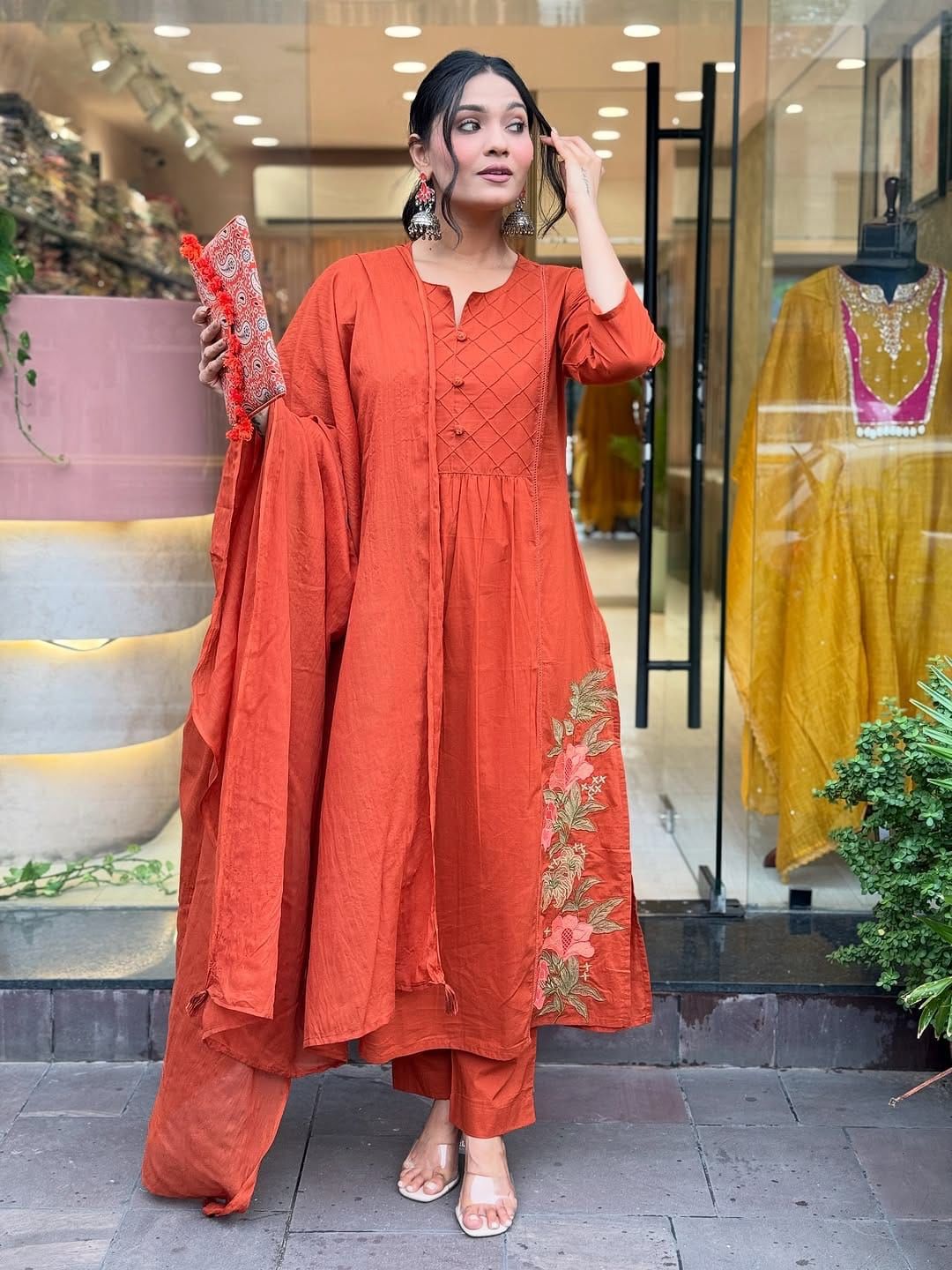 Rust Orange Embroidered Long Kurta Set